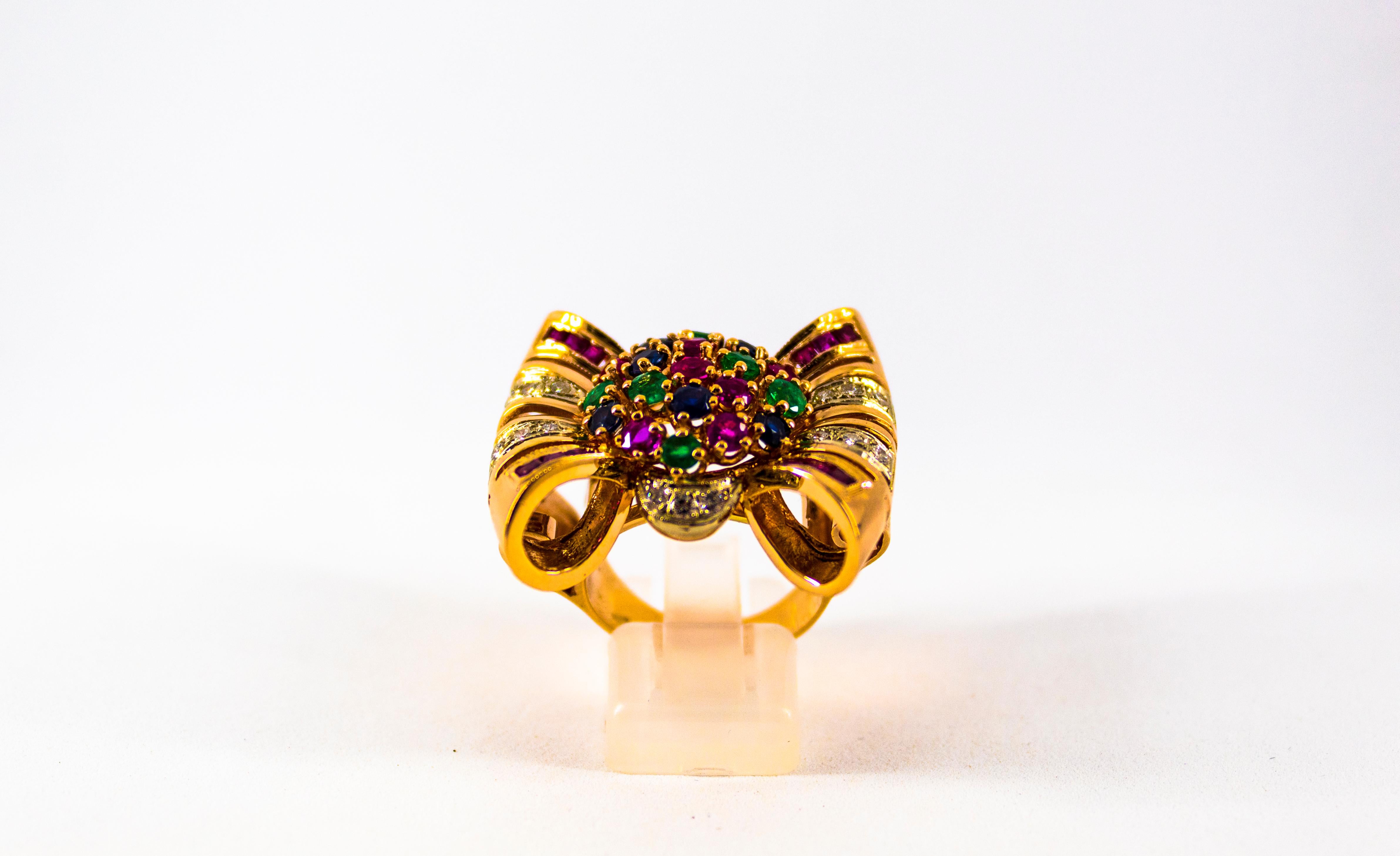 This Ring is made of 14K Yellow Gold.
This Ring has 0.30 Carats of White Diamonds.
This Ring has 0.85 Carats of Rubies.
This Ring has 0.65 Carats of Blue Sapphires.
This Ring has 0.50 Carats of Emeralds.
Size ITA: 16 USA: 7 1/2
We're a workshop so