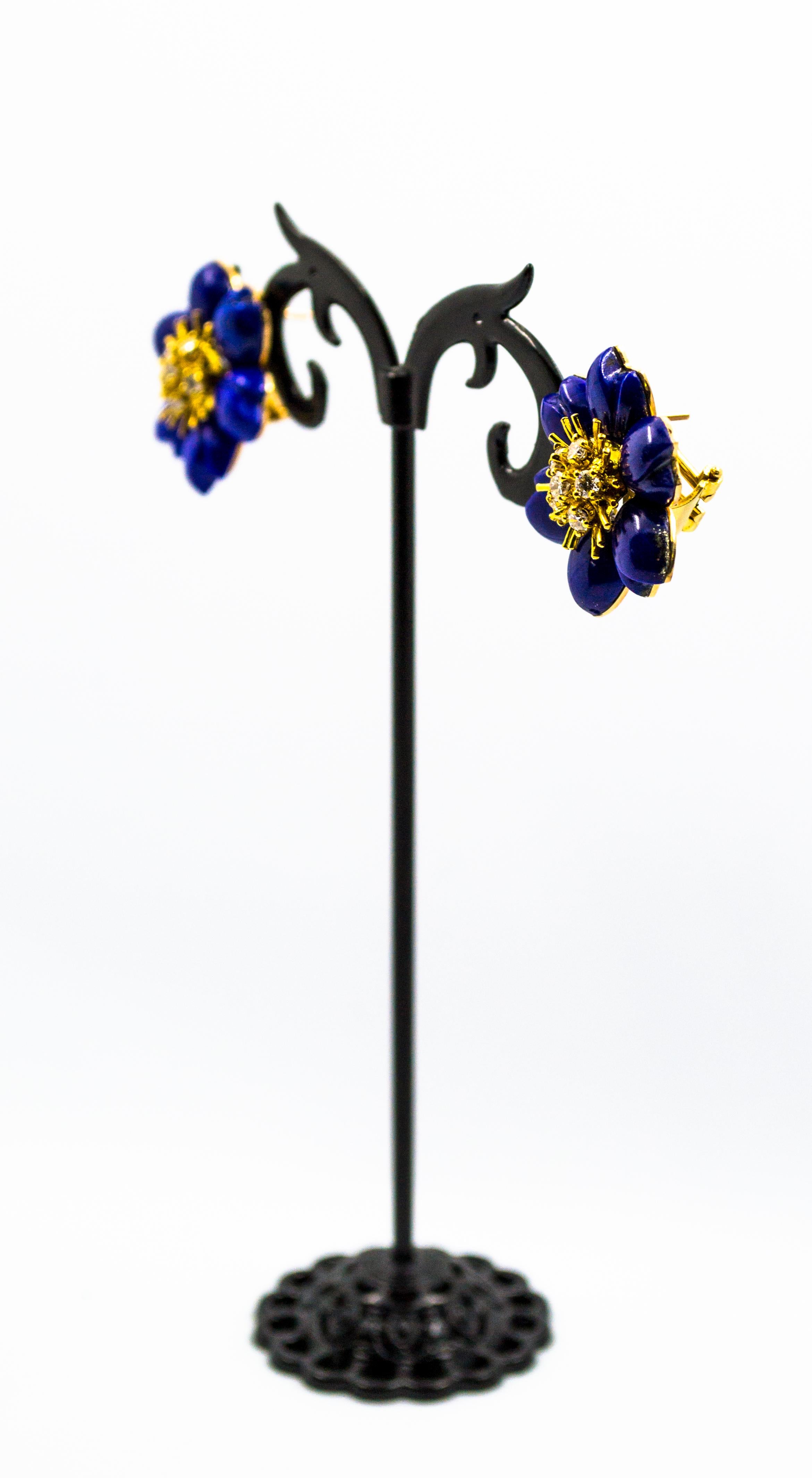 Lapis Lazuli 0.78 Carat White Diamond Yellow Gold Clip-On Flowers Earrings (Art nouveau)