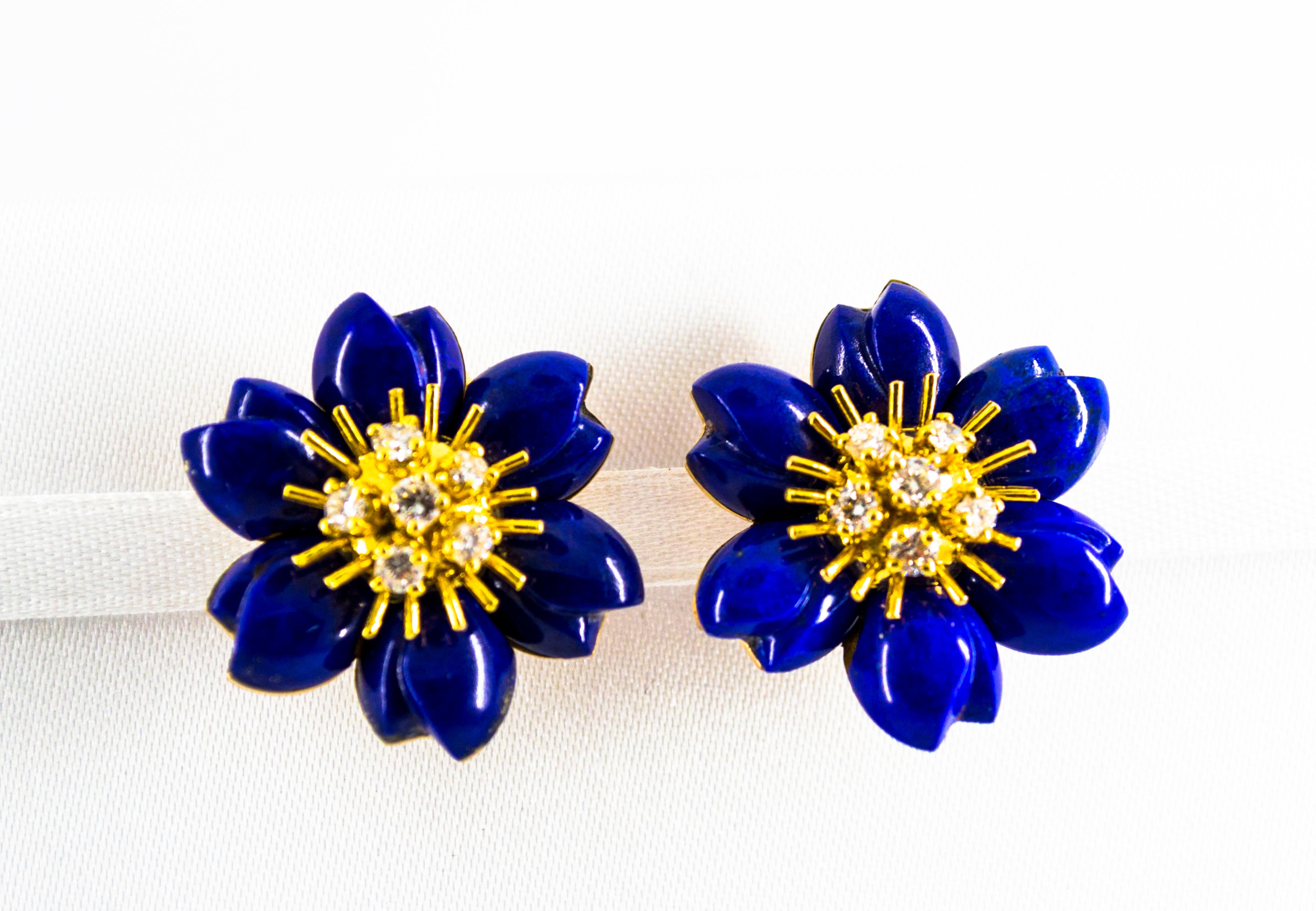 Women's or Men's Lapis Lazuli 0.78 Carat White Diamond Yellow Gold Clip-On Flowers Earrings