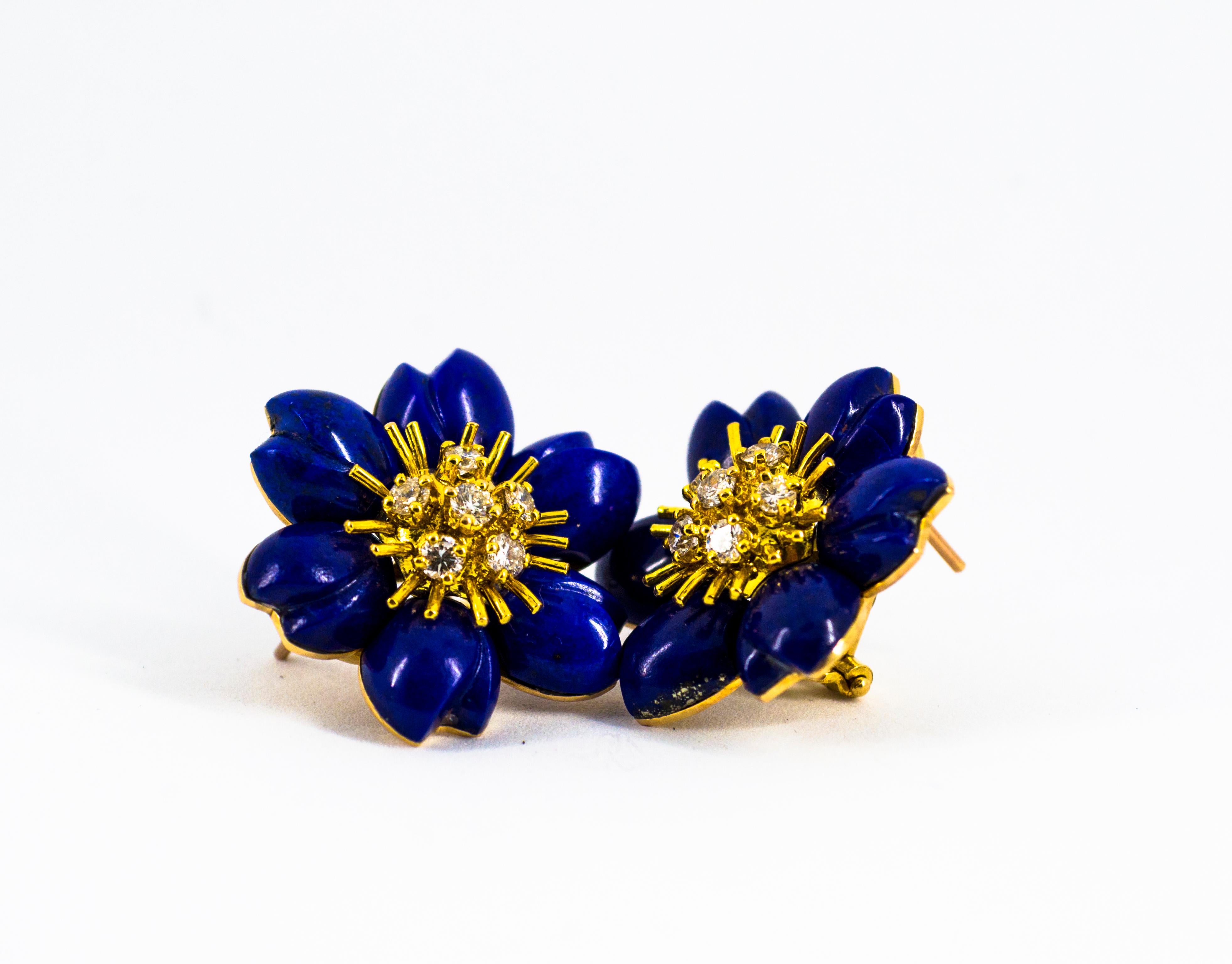 Lapis Lazuli 0.78 Carat White Diamond Yellow Gold Clip-On Flowers Earrings 6