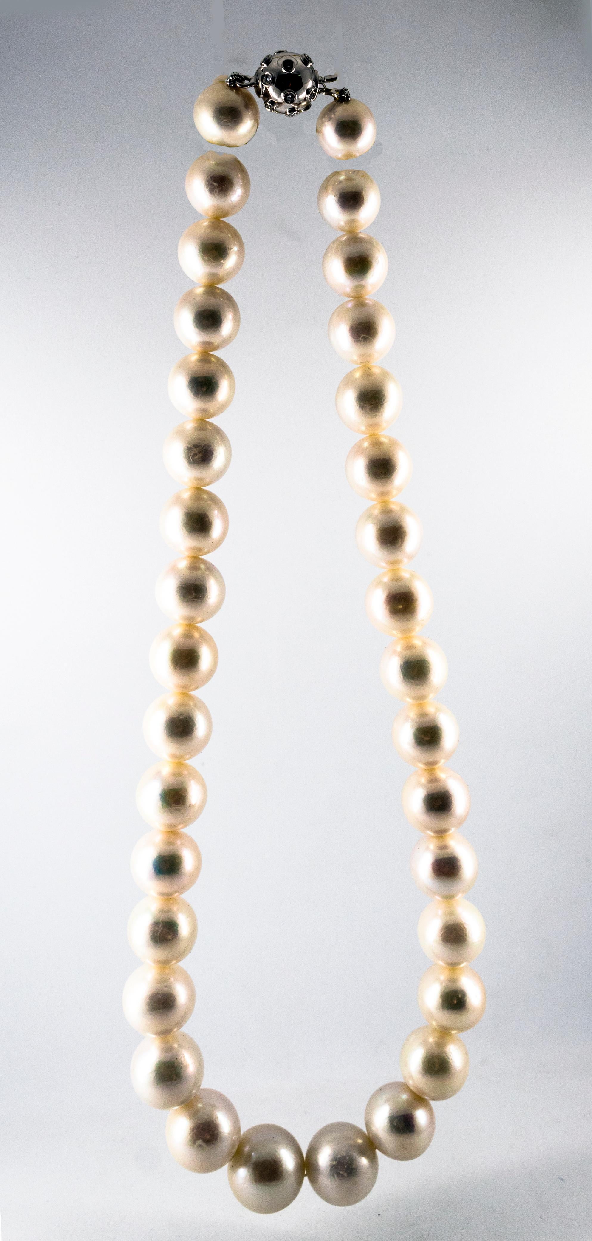 Women's or Men's 0.20 Carat White Diamond Oriental Pearl White Gold Beaded Necklace