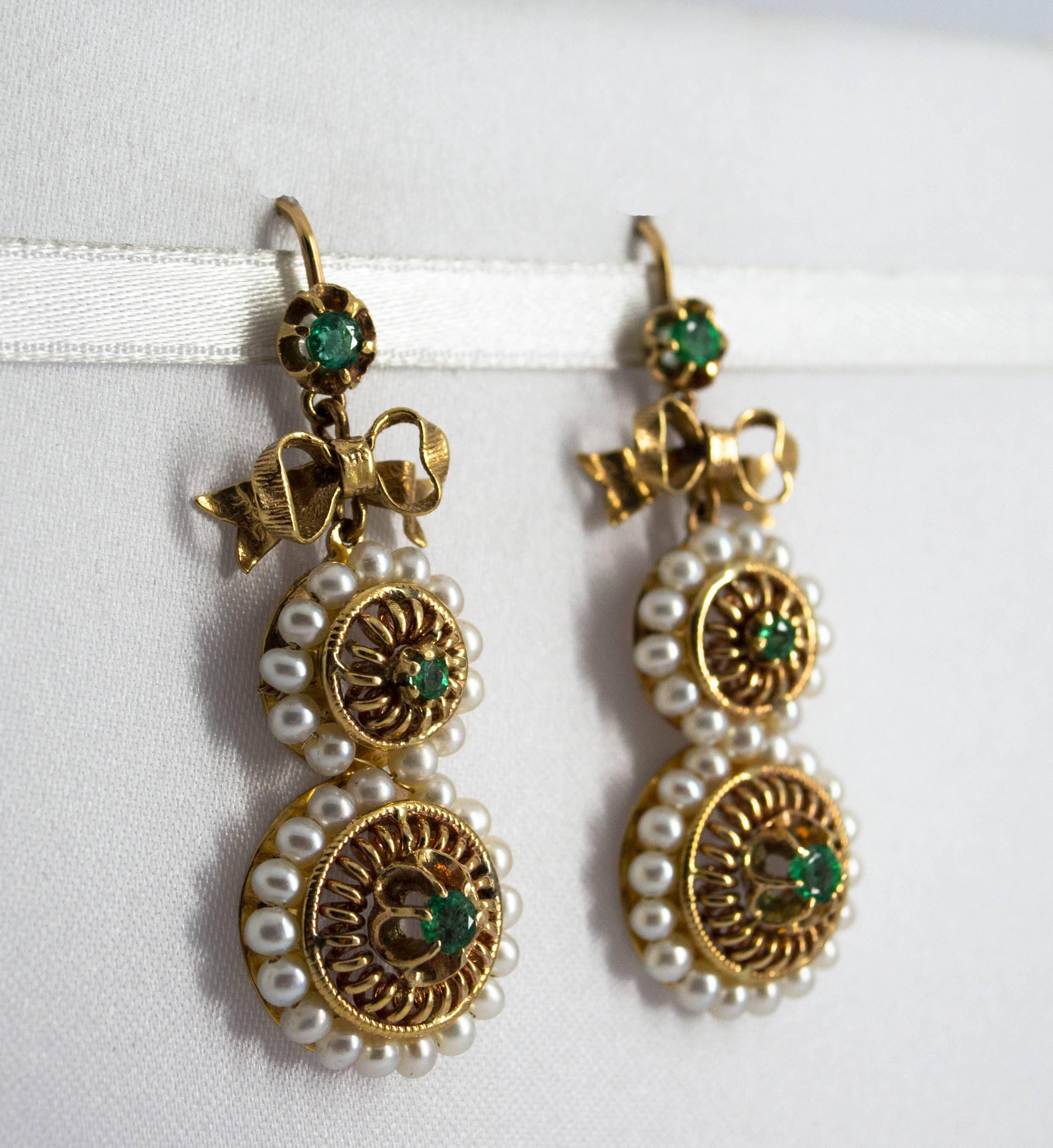Women's or Men's Renaissance Style Micro Pearls 1.00 Carat Emerald Yellow Gold Drop Stud Earrings