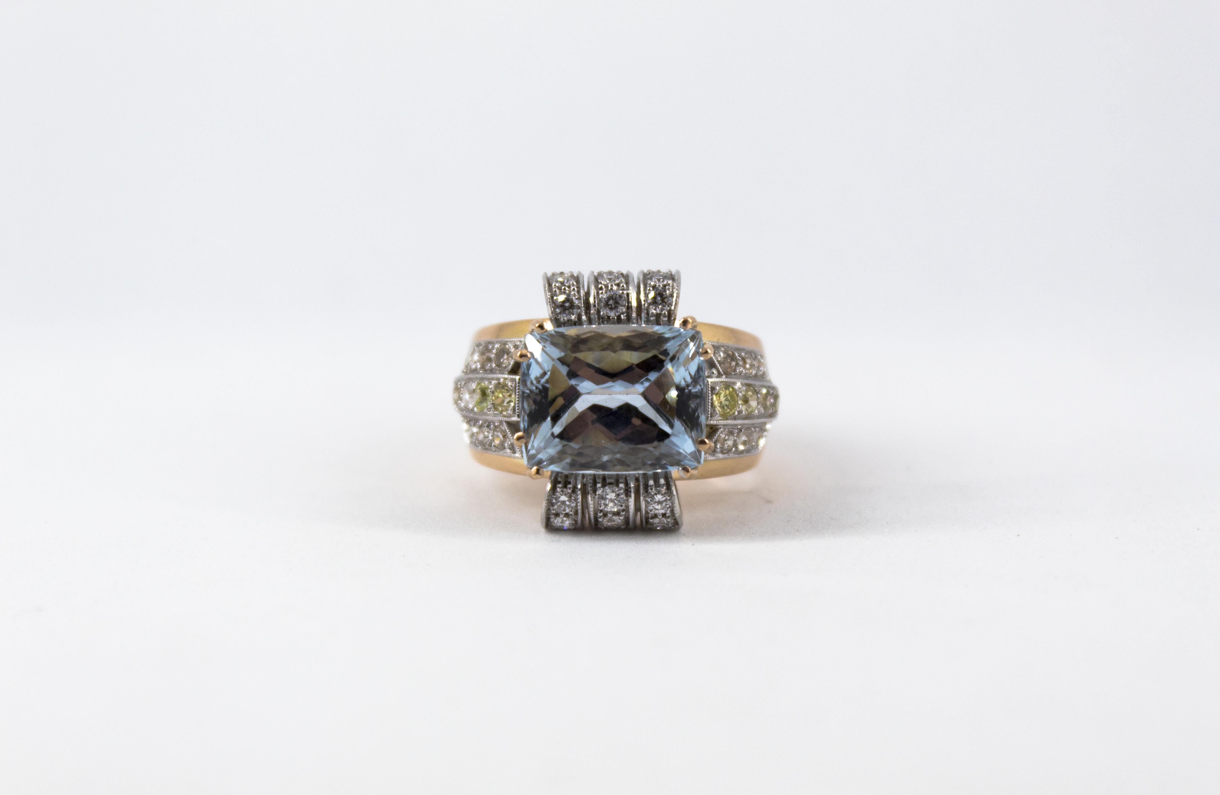 Art Deco Stil 7,18 Karat Aquamarin 0,94 Karat Diamant Gelbgold Ring im Angebot 3