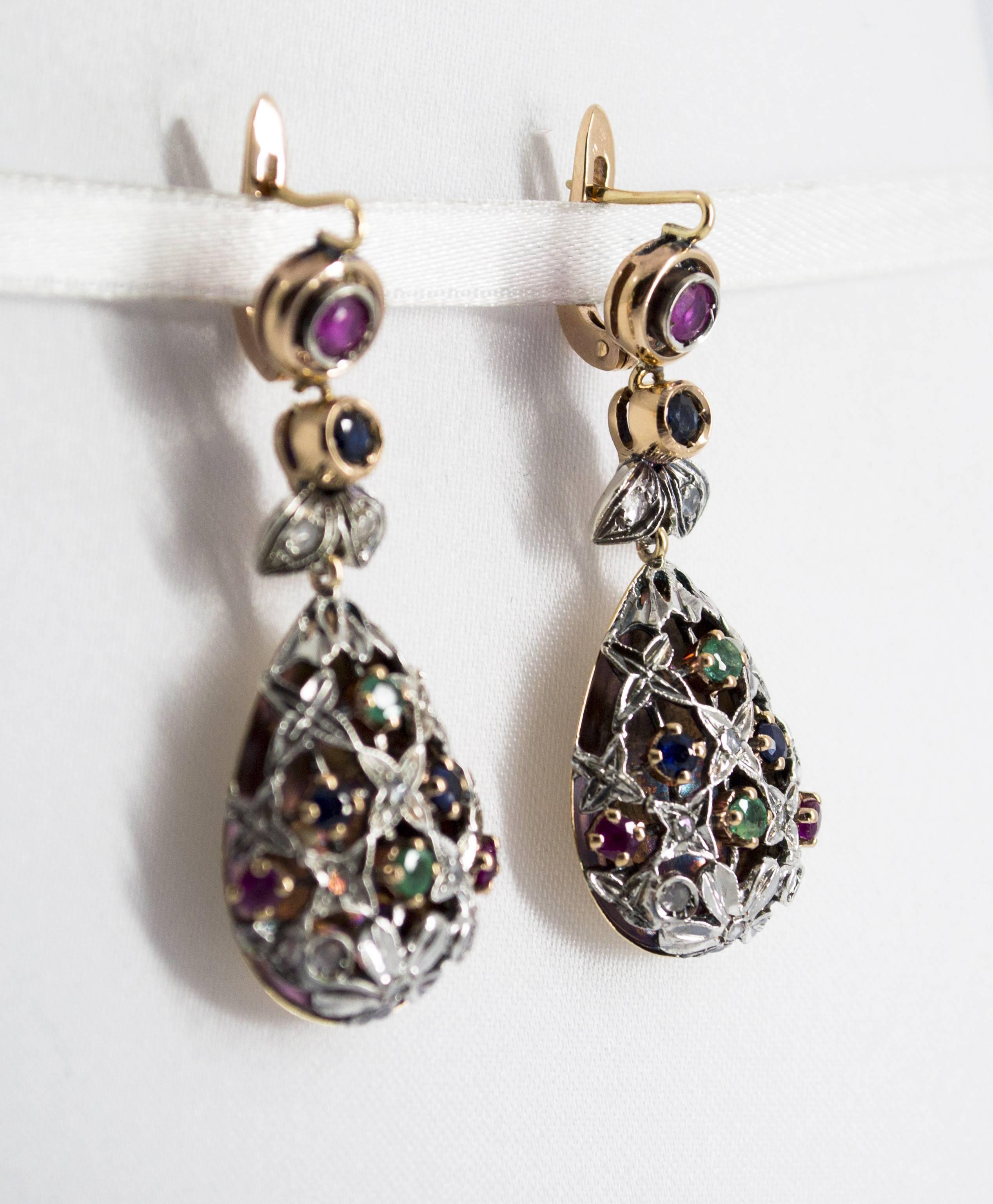 Renaissance 1.35 Carat Emerald Ruby Sapphire White Diamond Yellow Gold Lever-Back Earrings