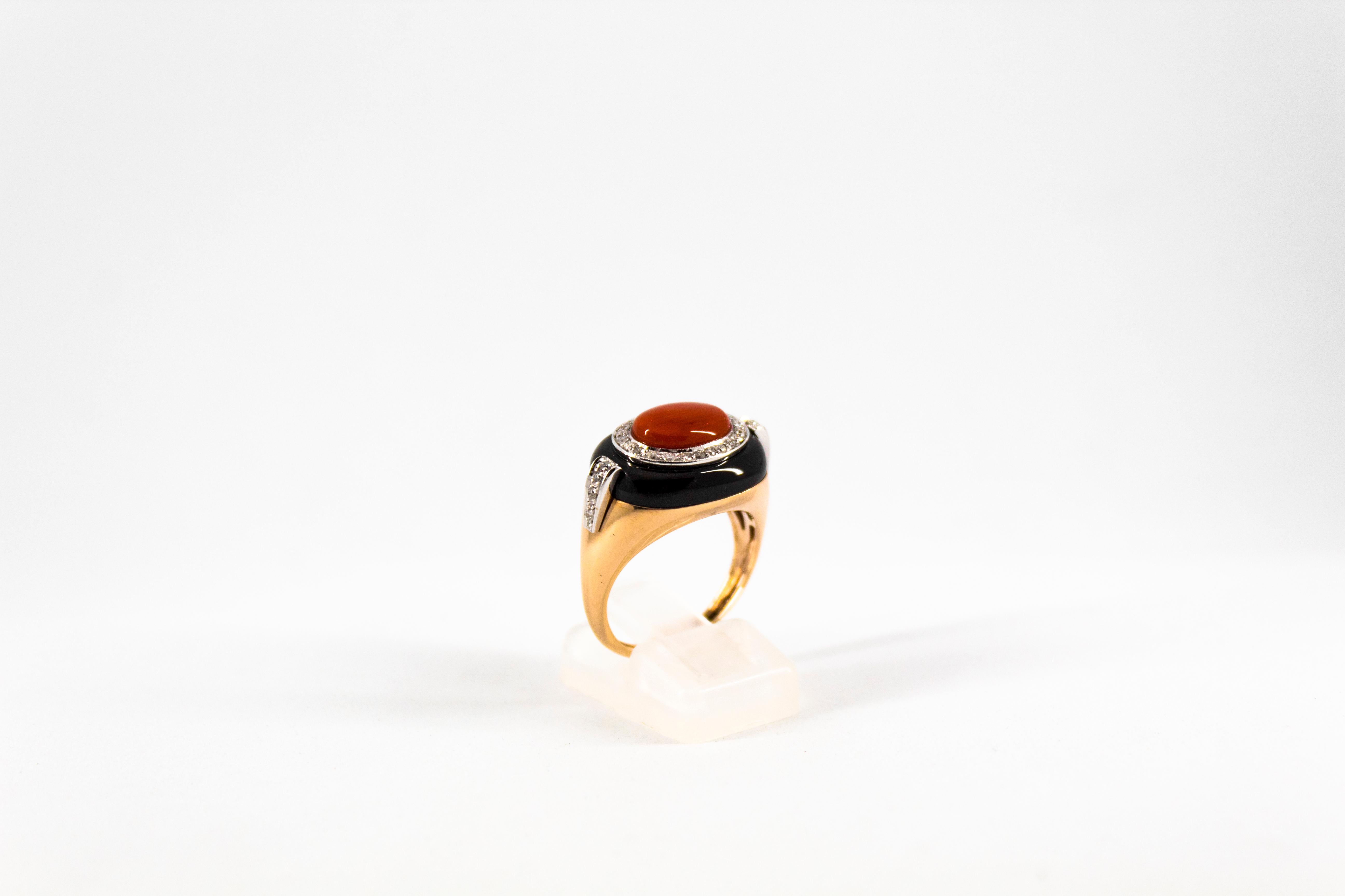 Mediterranean Red Coral 0.40 Carat White Diamond Onyx Yellow Gold Cocktail Ring In New Condition In Naples, IT