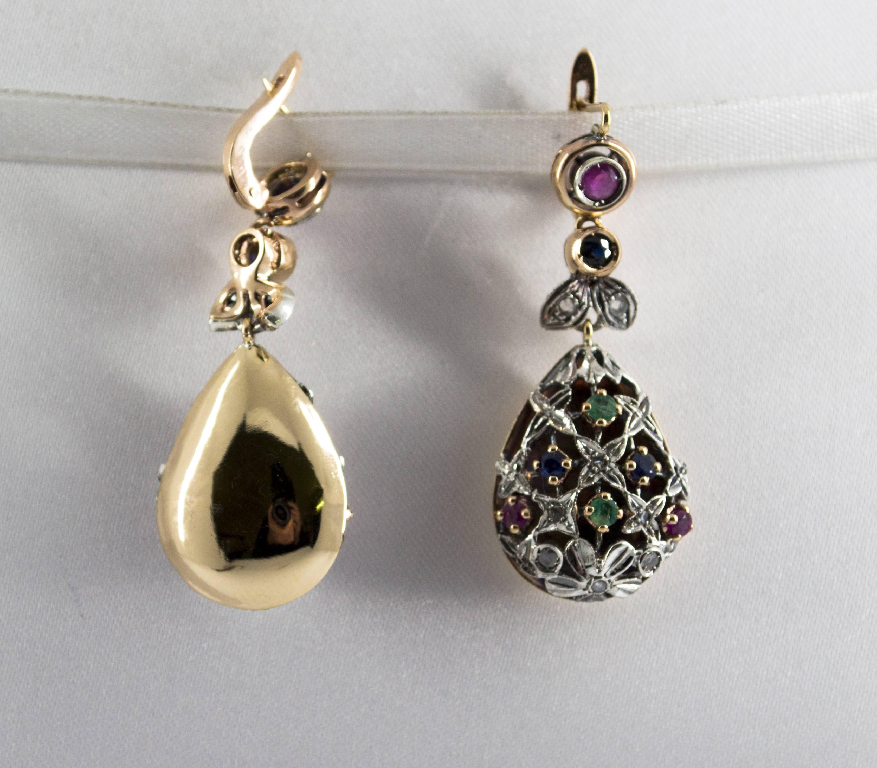 1.35 Carat Emerald Ruby Sapphire White Diamond Yellow Gold Lever-Back Earrings im Zustand „Neu“ in Naples, IT