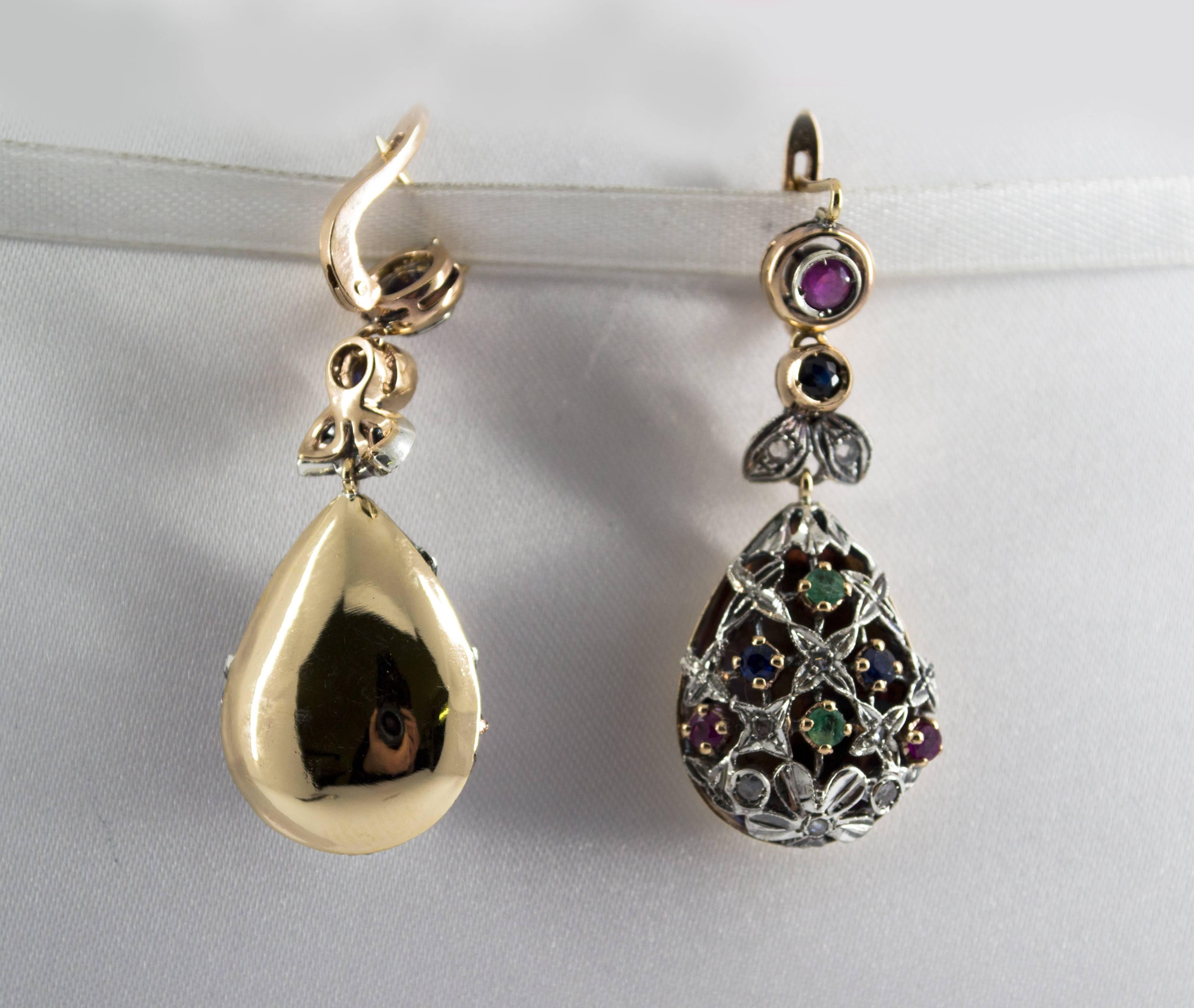 Women's or Men's 1.35 Carat Emerald Ruby Sapphire White Diamond Yellow Gold Lever-Back Earrings