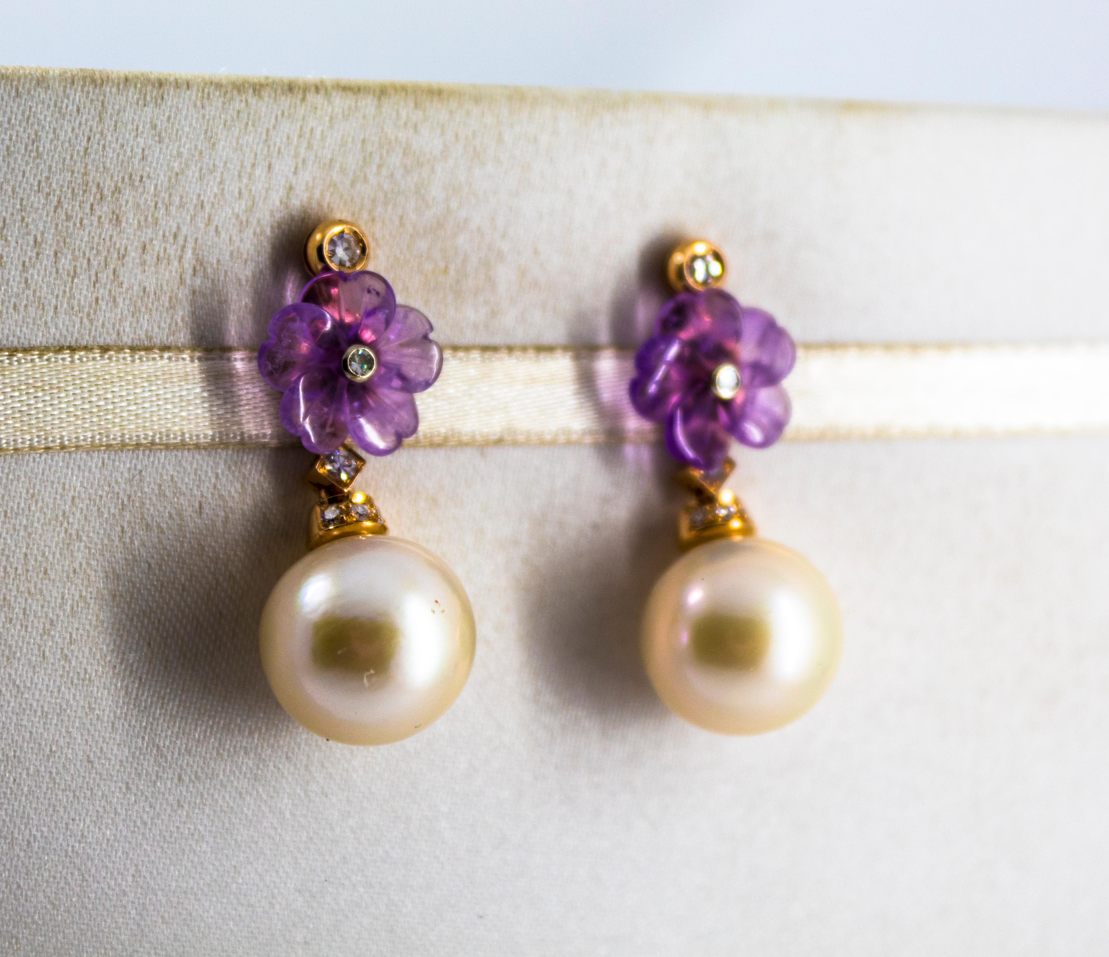 Art Nouveau 0.20 Carat White Diamond Amethyst Pearl Yellow Gold Drop Earrings In New Condition In Naples, IT