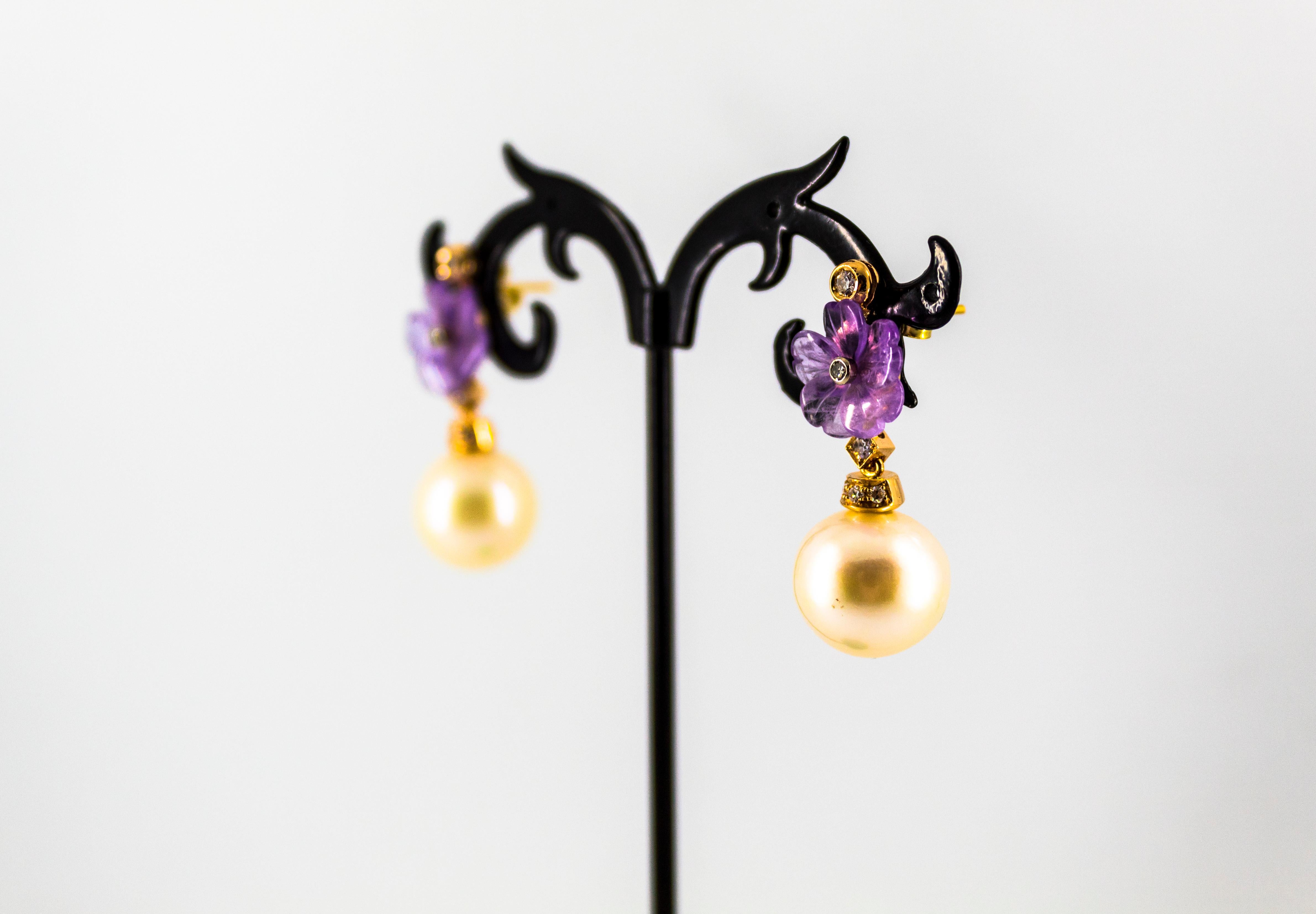 Art Nouveau 0.20 Carat White Diamond Amethyst Pearl Yellow Gold Drop Earrings 3