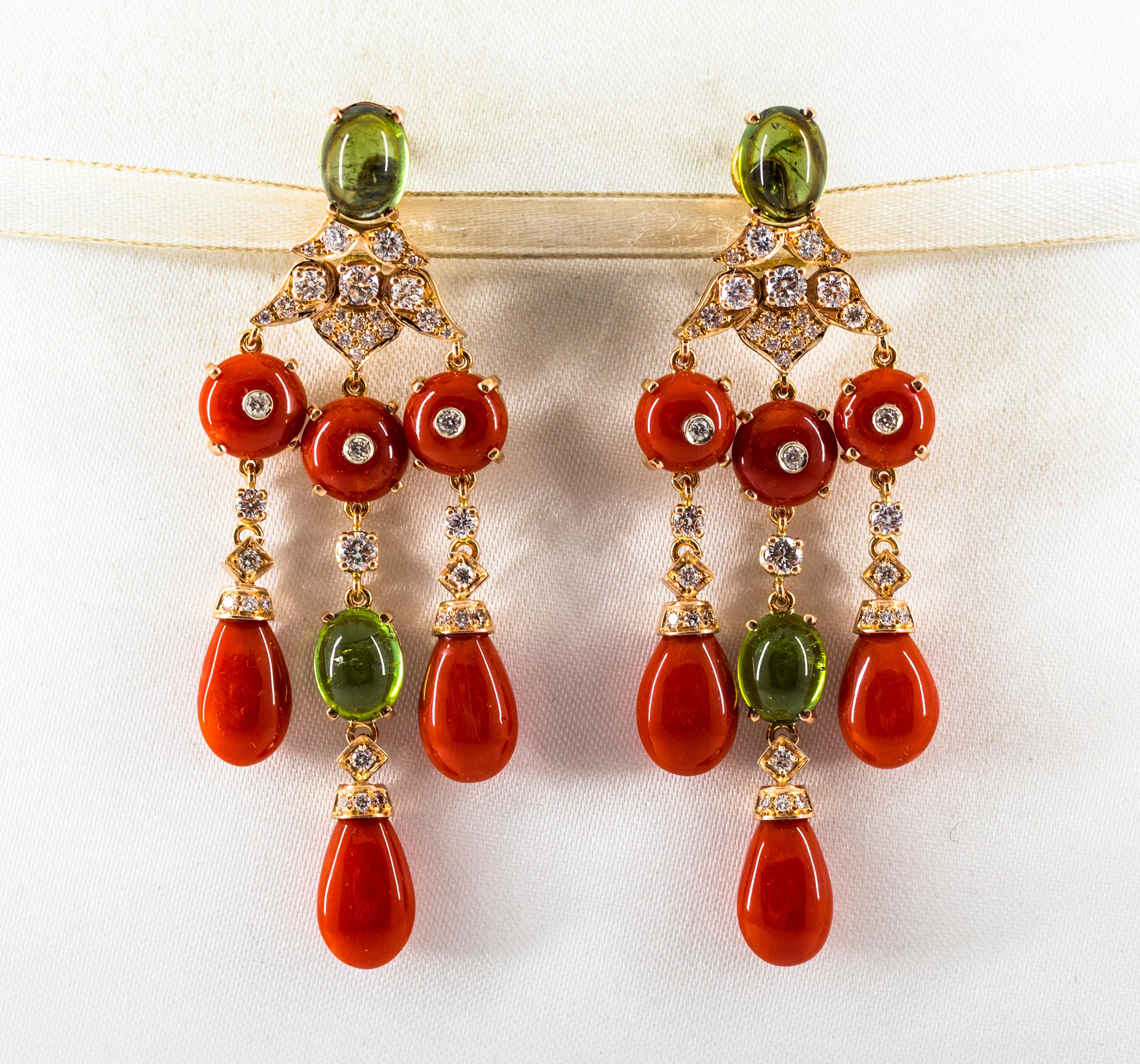 Art Nouveau Mediterranean Red Coral 10.60 Carat Diamond Tourmaline Yellow Gold Drop Earrings