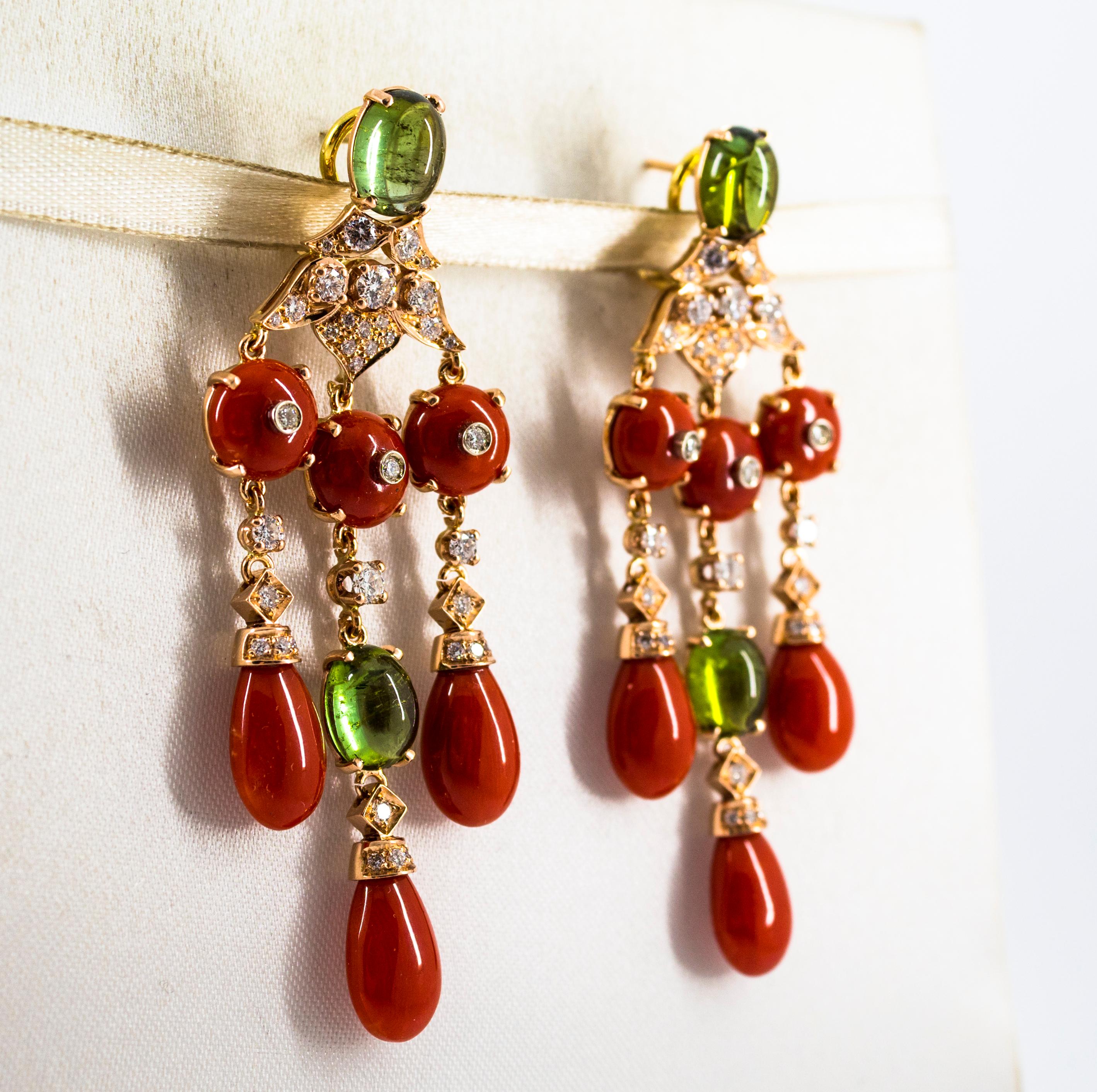 Women's or Men's Mediterranean Red Coral 10.60 Carat Diamond Tourmaline Yellow Gold Drop Earrings