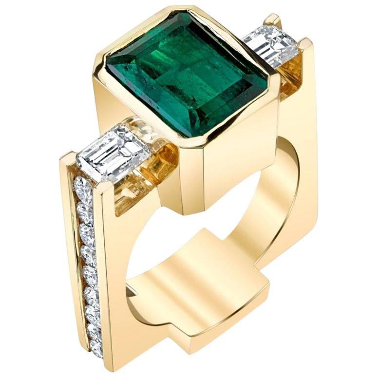 "La Fée Verte" 'The Green Fairy' Yellow Gold Ring with Emerald and Diamonds For Sale