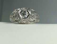 Art Deco Platinum and 18 Karat Gold European Cut Diamond Dome Engagement ring