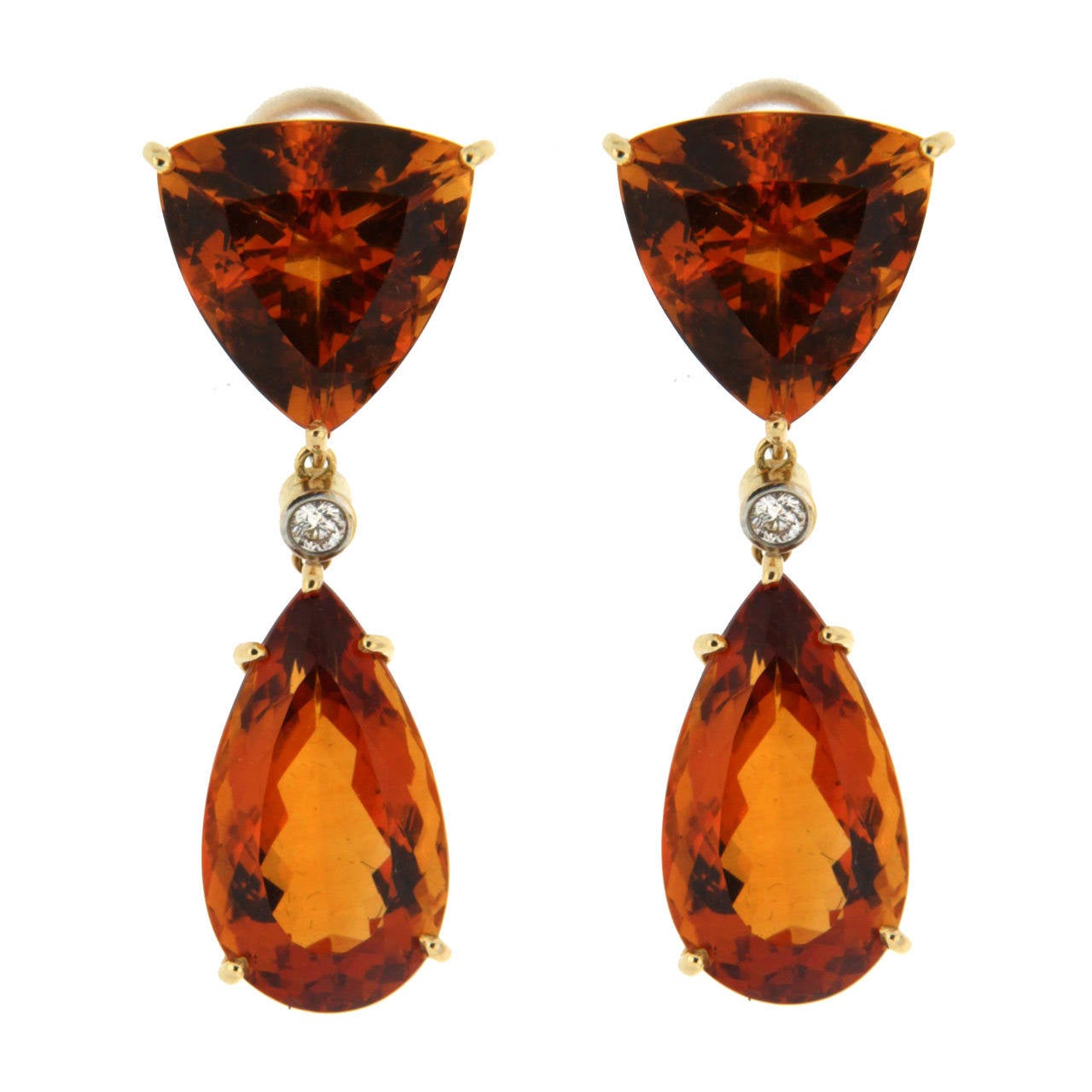 Trilliant Citrine Diamond Gold Drop Earrings at 1stDibs