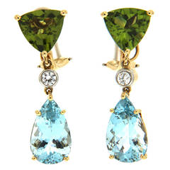 Peridot Aquamarine Diamonds Gold Drop Earrings 11