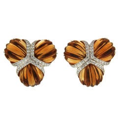 Citrine Diamond Gold Triple Fan Earrings 9