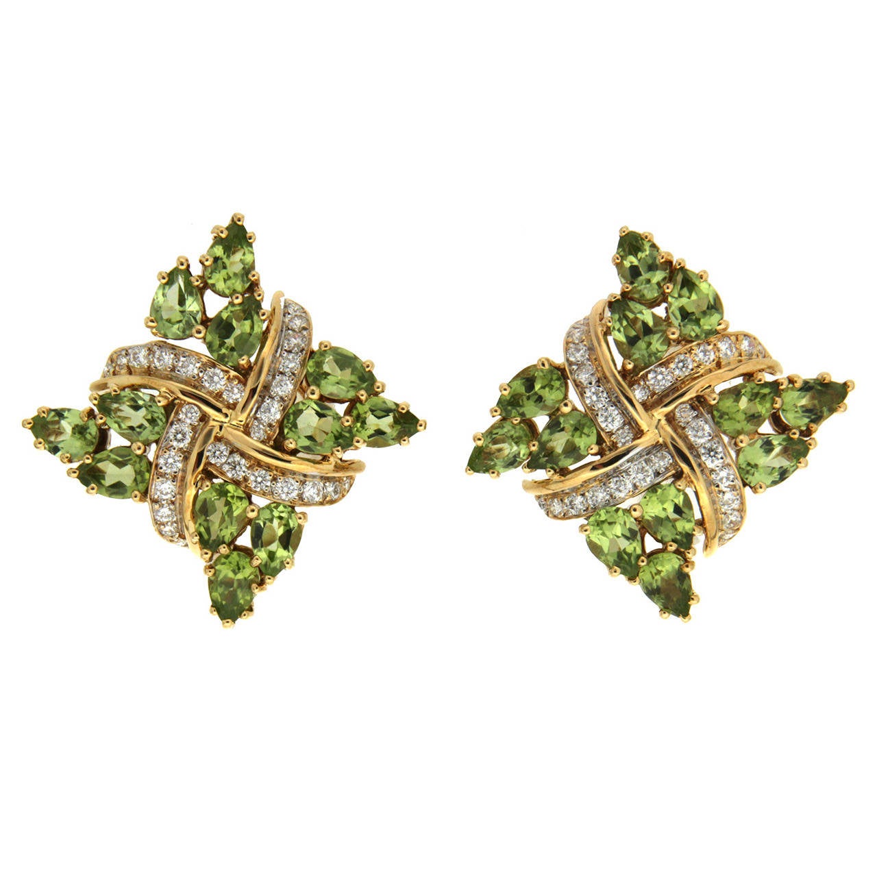 Peridot Diamond Gold Criss Cross Earrings For Sale at 1stdibs