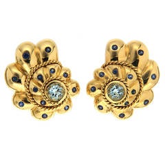 Aquamarine Sapphire Gold Scalloped Shell Earrings