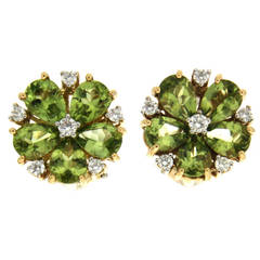 Pear Shaped Peridot Diamond Gold Cluster Earrings 3