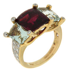 Colori Rubelite Green Beryl Diamond Gold Three Stone Ring 6