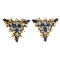 Sapphire Diamond Gold Triangular Vine Earrings 4