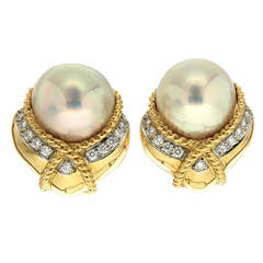 Mabe Pearl Diamond Gold Twisted Rope Earrings 11