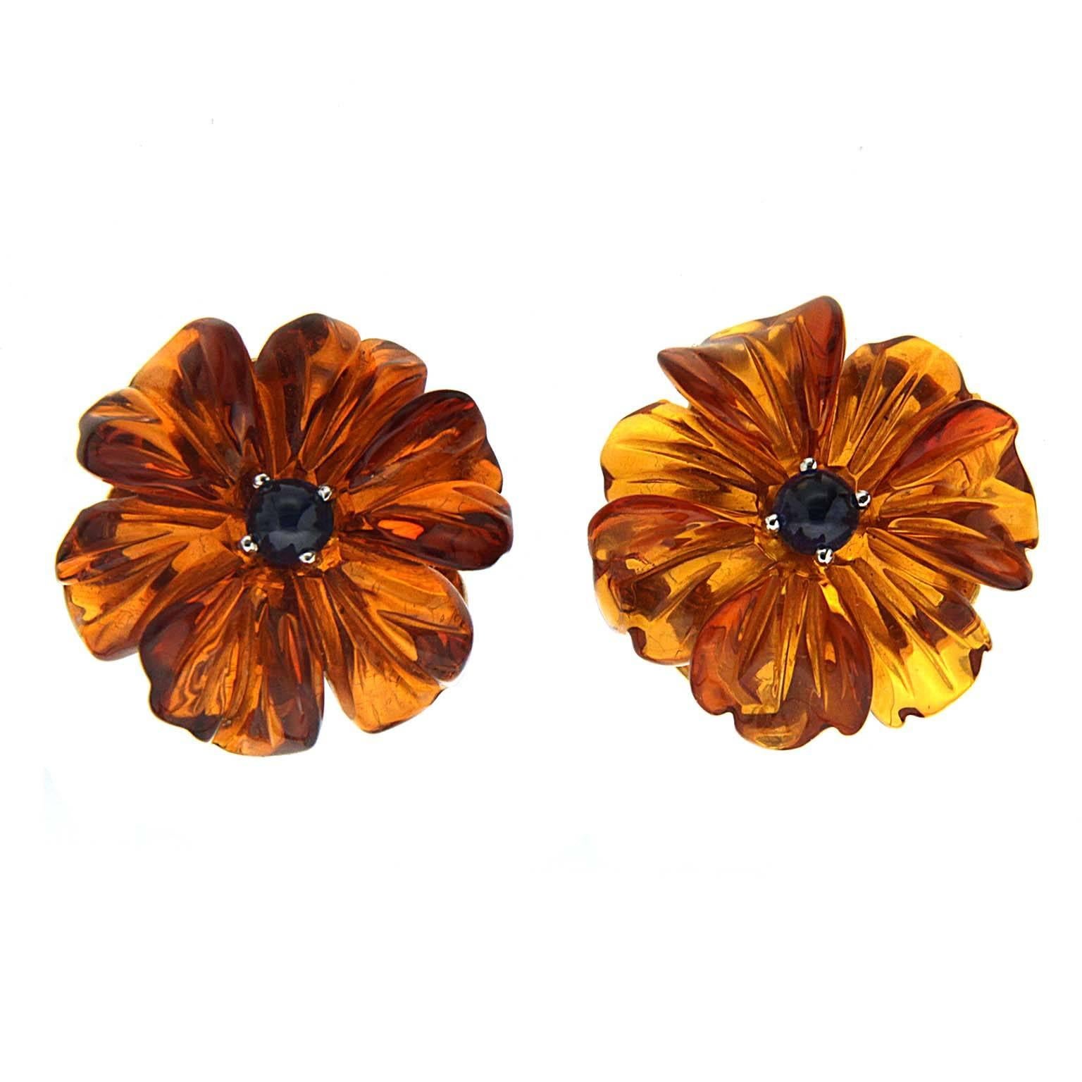 Sapphire Cabochon Amber Gold Flower Earrings