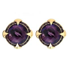 Round Checkerboard Amethyst Gold Earrings 11