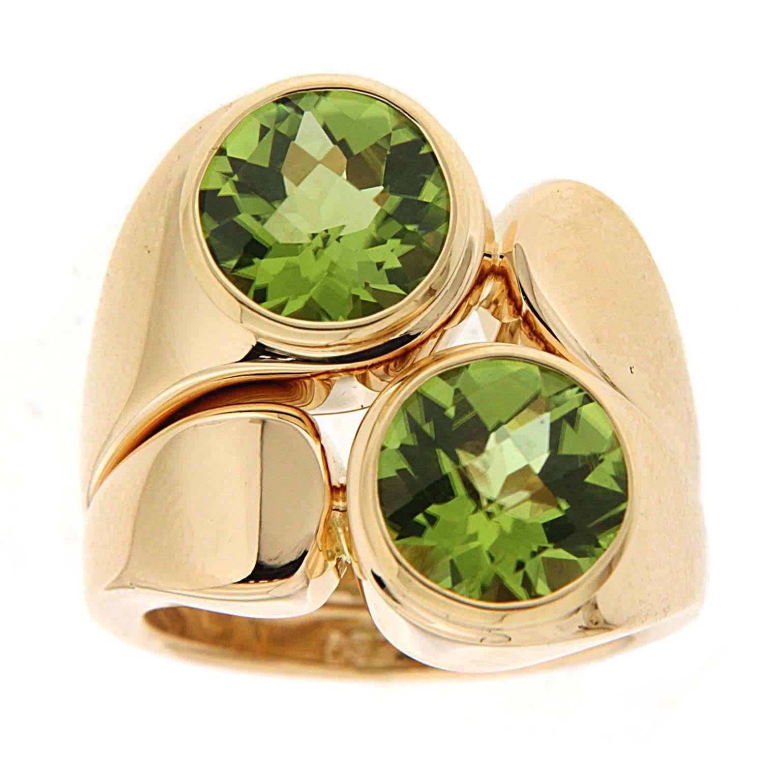 Asymmetric Double Peridot Gold Ring