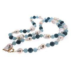 Fresh Water Baroque Pearl Aquamarine Gold Necklace