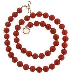 Round Dark Red Coral Bead Gold Necklace 1