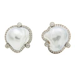 Baroque Pearl Pave and Bezel Set Diamond Gold Earrings