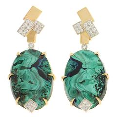 Oval Azurite Malachite Diamond Gold Geometric Top Motif Earrings 5