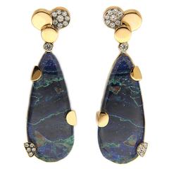 Chrysocolla Malachite Gold Earrings with Pave Diamond Circles 1