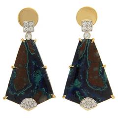Special Cut Azurite Malachite Earrings with Diamond Pave Motifs 2