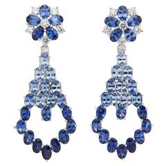 Oval Multi Shade Sapphires Diamond Platinum Earrings