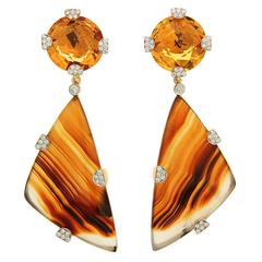 Checkerboard Citrine Montana Agate Diamond Gold Earrings 11