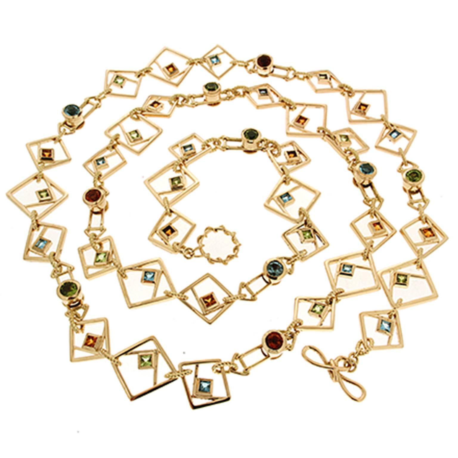 Geometric Square Necklace with Peridot, Blue Topaz and Citrine 