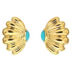 Sea Fan Gold Earrings with Cabochon Turquoise 3