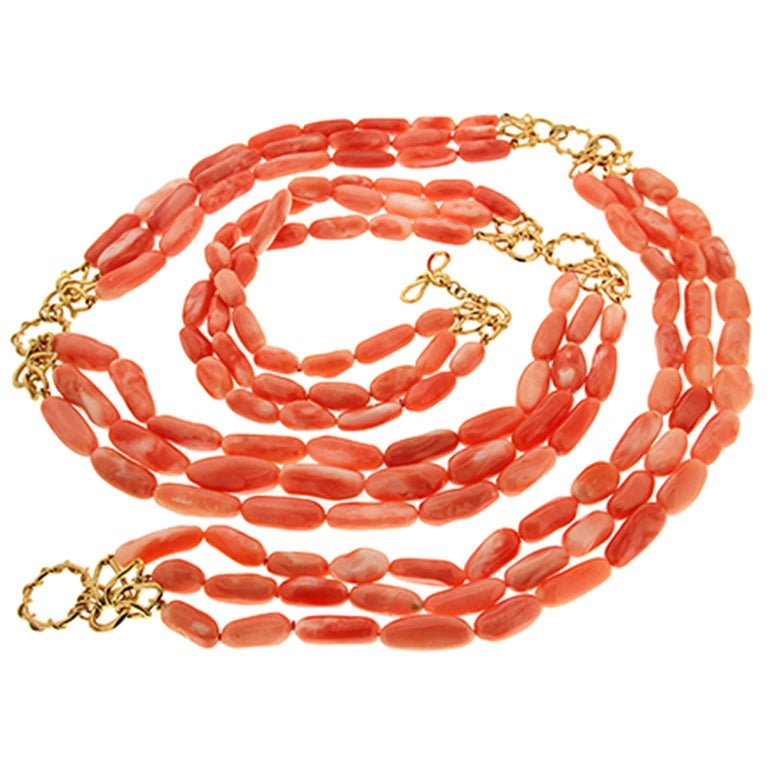 MultiStrand Angel Skin Coral Nuggets Necklace with Gold Links For Sale