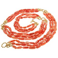 Multi-Strand Angel Skin Coral Nuggets Necklace with Gold Links 8
