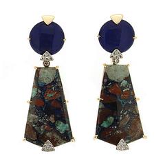 Round Lapis and Special Cut Azurite Malachite Earrings 7