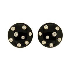 Round Black Jade low dome earrings with scattered bezel set diamonds 2