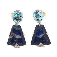 Cushion Blue Topaz & Trapezoid Azurite Malachite Earrings 3