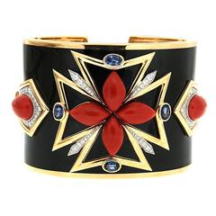 Coral Black Enamel Sapphires Diamonds Gold Maltese Cuff Bracelet 2