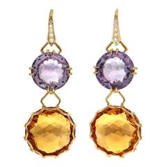 Round Amethyst Citrine yellow gold Checkerboard Earrings 6