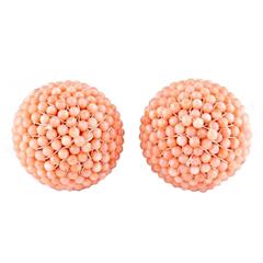 Pink Coral Yellow Gold Beaded Ball Clip Back Earrings 3