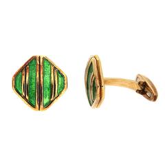 Light Green Striped Enameled Gold Cufflinks 2