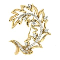 Open Leaf Diamond Gold Brooch 11