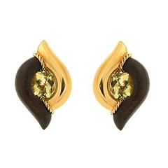 Modern Double Pointed Wood and Gold Earrings with Oval Lemon Quartz